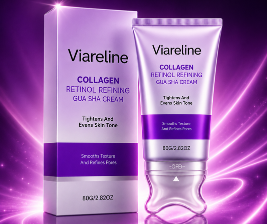 Viareline Collagen Retinol Refining Gua Sha Cream packaging on a purple background