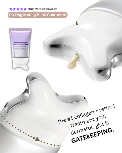Skincare device with a tube of cream on a white background, featuring text about a 90-day money-back guarantee and a dermatologist recommendation.