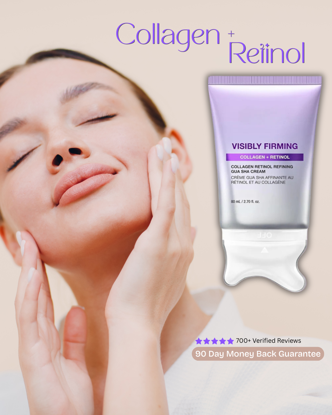 Collagen + Retinol cream with a woman touching her face on a beige background