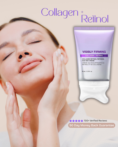 Collagen + Retinol cream with a woman touching her face on a beige background