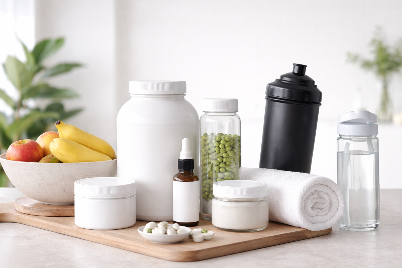 Supplement containers, fruits, and a water bottle on a kitchen counter.