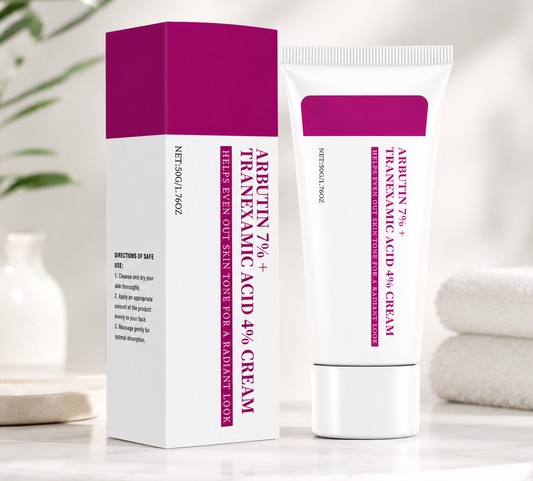 Aritin 7% Tretinoin Cream packaging and tube on a marble surface with a white background