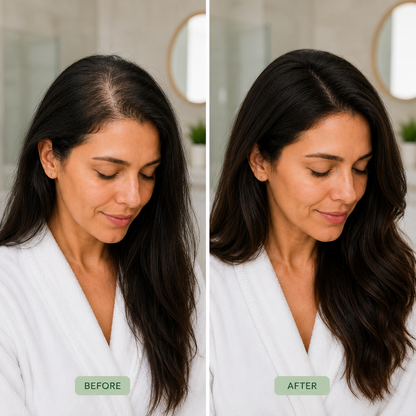Before and after comparison of a woman with long dark hair, wearing a white robe.