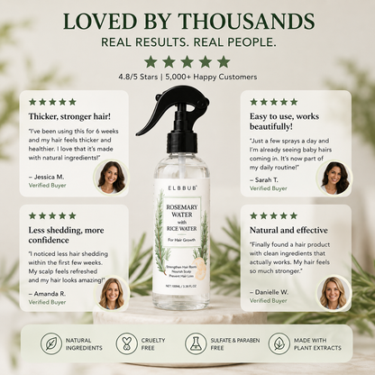 Elbub hair care product with customer reviews and product details on a light background