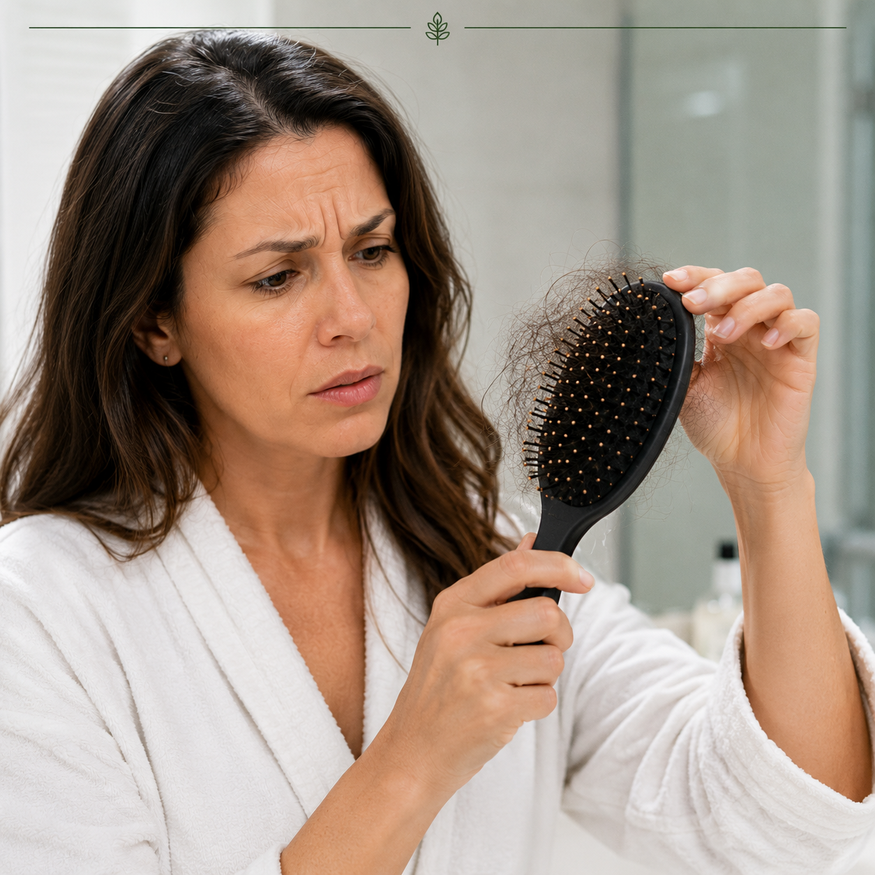 Woman in a bathrobe holding a hairbrush with hair falling out, looking concerned.