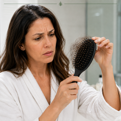 Woman in a bathrobe holding a hairbrush with hair falling out, looking concerned.