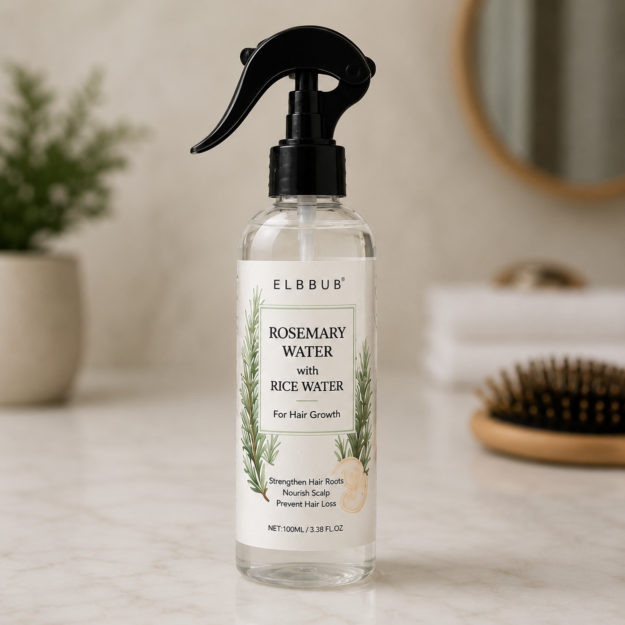 Bottle of Elbbub Rosemary Water with Rice Water on a bathroom counter.