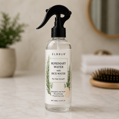 Bottle of Elbbub Rosemary Water with Rice Water on a bathroom counter.